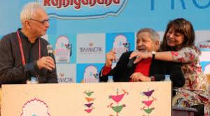 Sir V.S. Naipaul in conversation with Farrukh Dhondy as the former's wife, Nadira holds a mic, on “The Writer and the World” at the Jaipur Literature Festival.